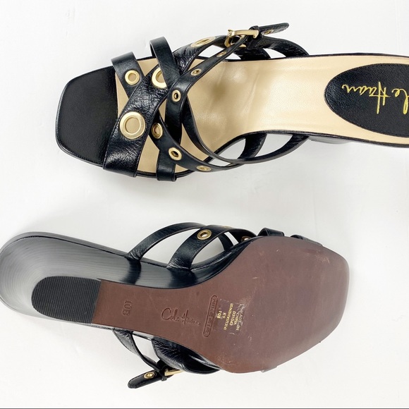 Cole Haan Black Strappy Wedge Leather Sandals - Picture 9 of 12